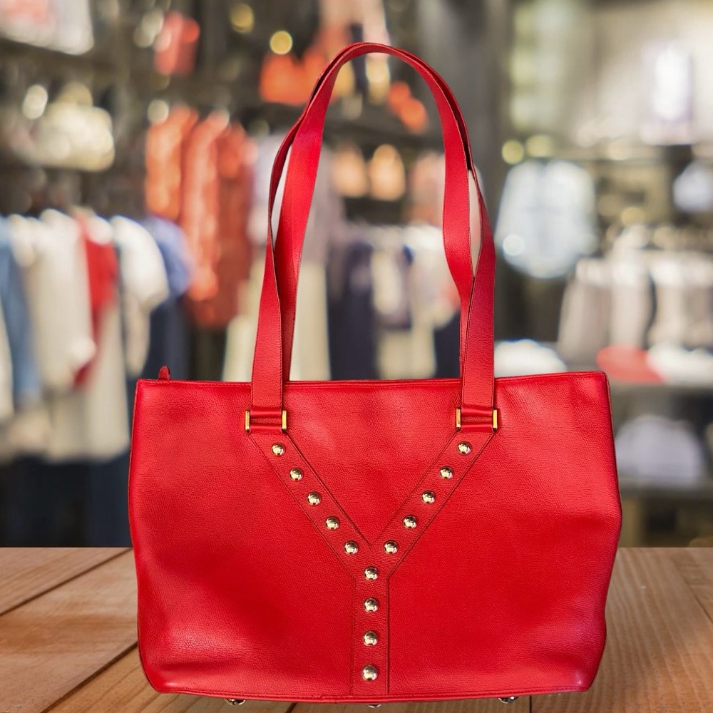 Saint Laurent Red leather Y studded XL tote shoulder bag Luxury Excellent Cond